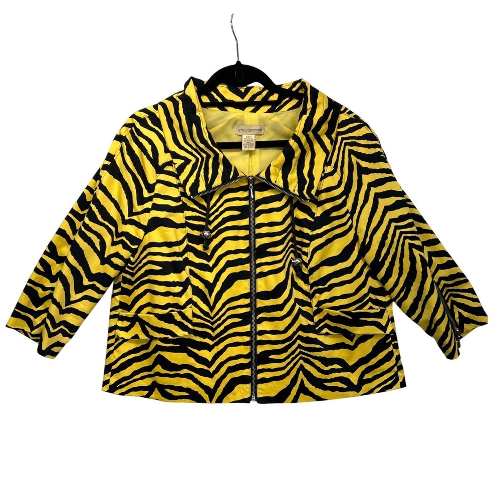 Patrick Christopher Jacket Women L Yellow Zebra Print Zip Front Moto 3/4‎ Sleeve